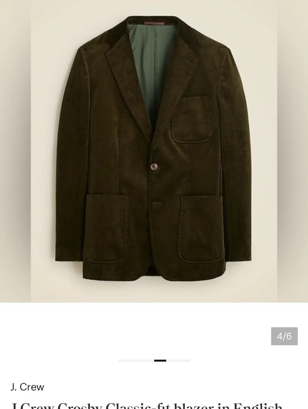J Crew Crosby Classic-fit suit jacket in Italian corduroy CL269 44R Green